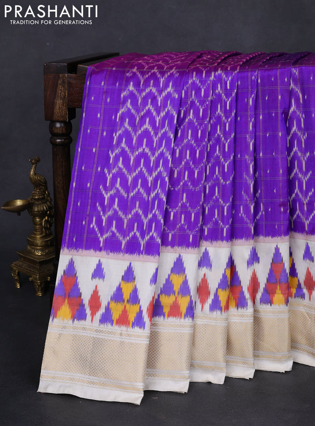 Pochampally silk saree purple and off white with allover zari checks & ikat weaves and long ikat woven zari border