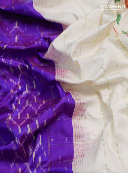 Pochampally silk saree purple and off white with allover zari checks & ikat weaves and long ikat woven zari border