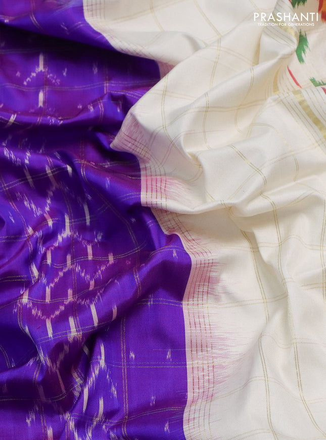 Pochampally silk saree purple and off white with allover zari checks & ikat weaves and long ikat woven zari border