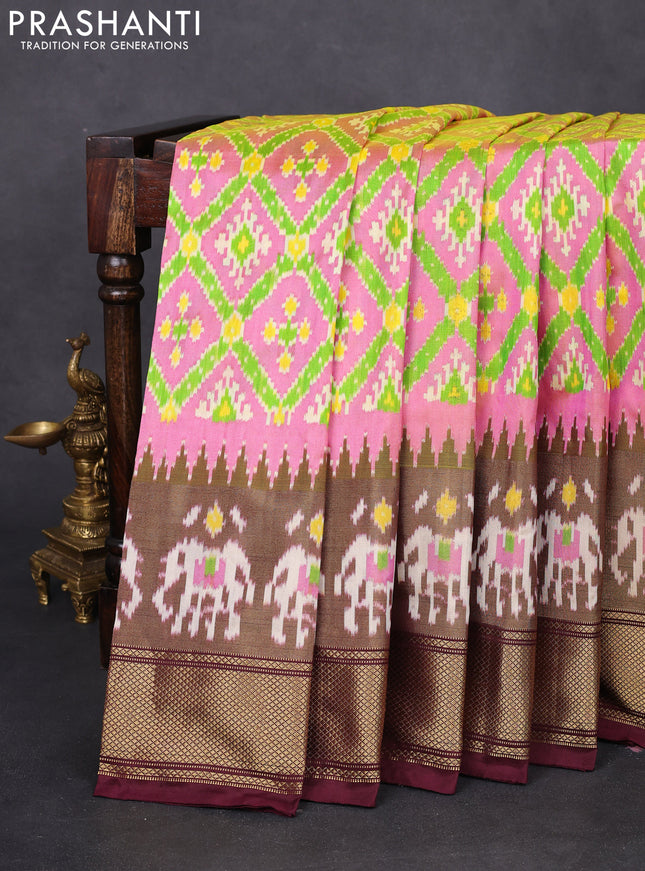Pochampally silk saree peach pink and wine shade with allover ikat weaves and long ikat woven zari border