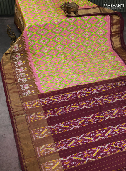 Pochampally silk saree peach pink and wine shade with allover ikat weaves and long ikat woven zari border