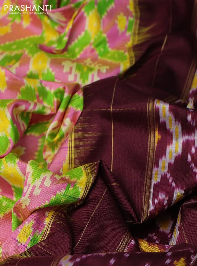 Pochampally silk saree peach pink and wine shade with allover ikat weaves and long ikat woven zari border