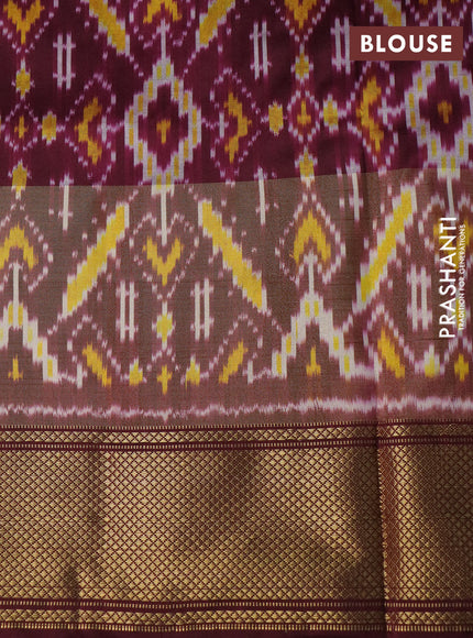 Pochampally silk saree peach pink and wine shade with allover ikat weaves and long ikat woven zari border