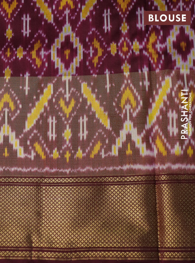 Pochampally silk saree peach pink and wine shade with allover ikat weaves and long ikat woven zari border