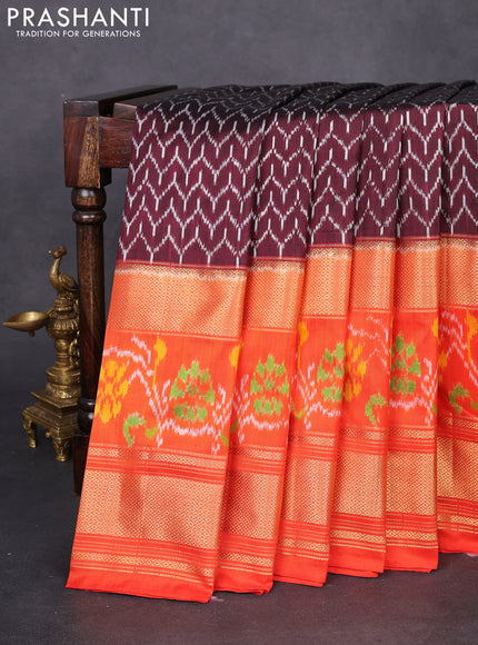 Pochampally silk saree deep maroon and orange with allover ikat weaves and long ikat woven zari border