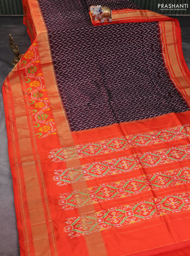 Pochampally silk saree deep maroon and orange with allover ikat weaves and long ikat woven zari border