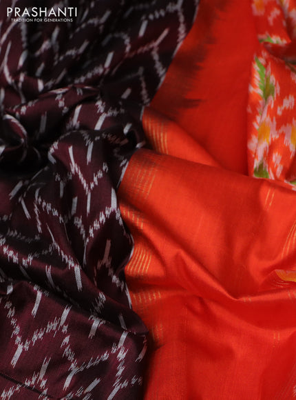 Pochampally silk saree deep maroon and orange with allover ikat weaves and long ikat woven zari border
