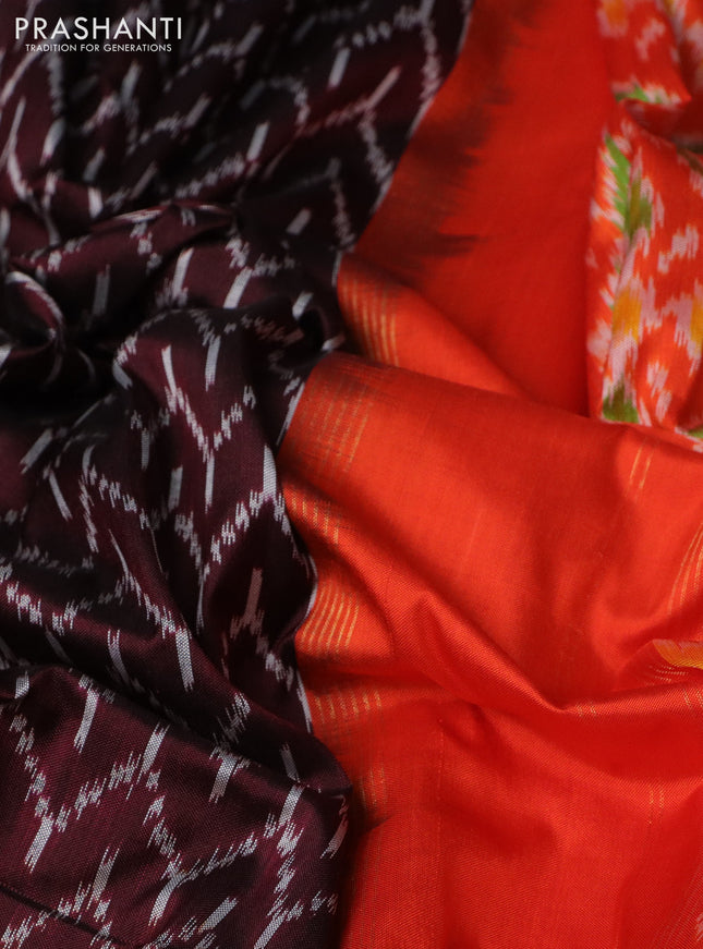 Pochampally silk saree deep maroon and orange with allover ikat weaves and long ikat woven zari border