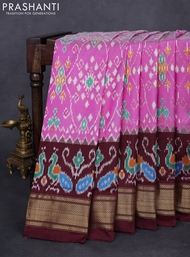 Pochampally silk saree pink and deep maroon with allover ikat weaves and long ikat woven zari border