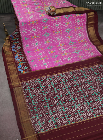 Pochampally silk saree pink and deep maroon with allover ikat weaves and long ikat woven zari border