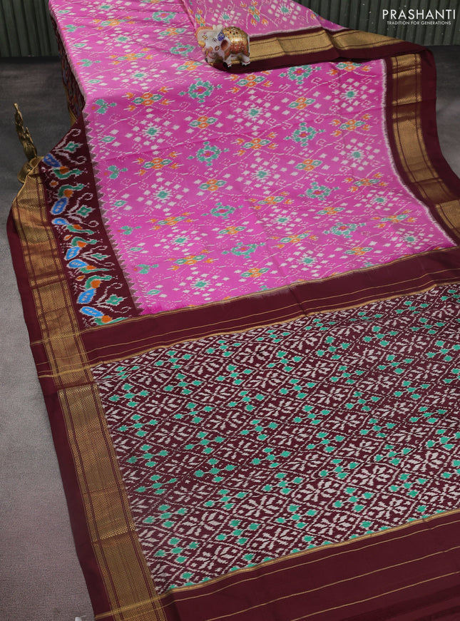 Pochampally silk saree pink and deep maroon with allover ikat weaves and long ikat woven zari border
