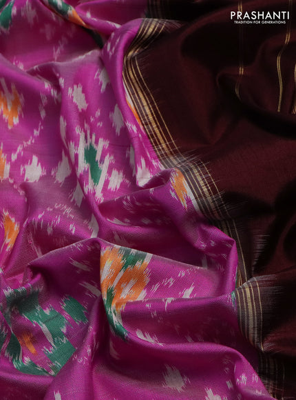 Pochampally silk saree pink and deep maroon with allover ikat weaves and long ikat woven zari border