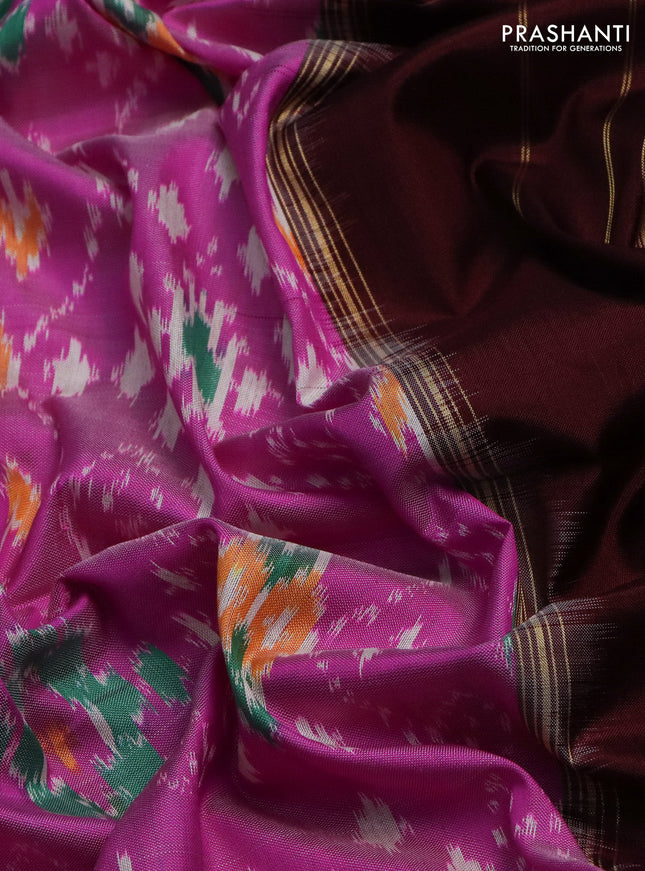 Pochampally silk saree pink and deep maroon with allover ikat weaves and long ikat woven zari border