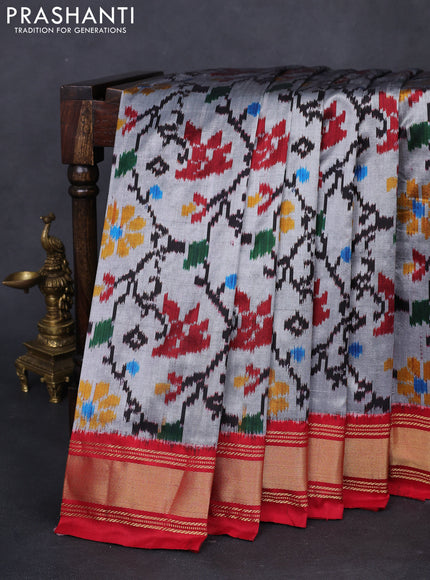 Pochampally silk saree grey and red with allover ikat weaves and zari woven border