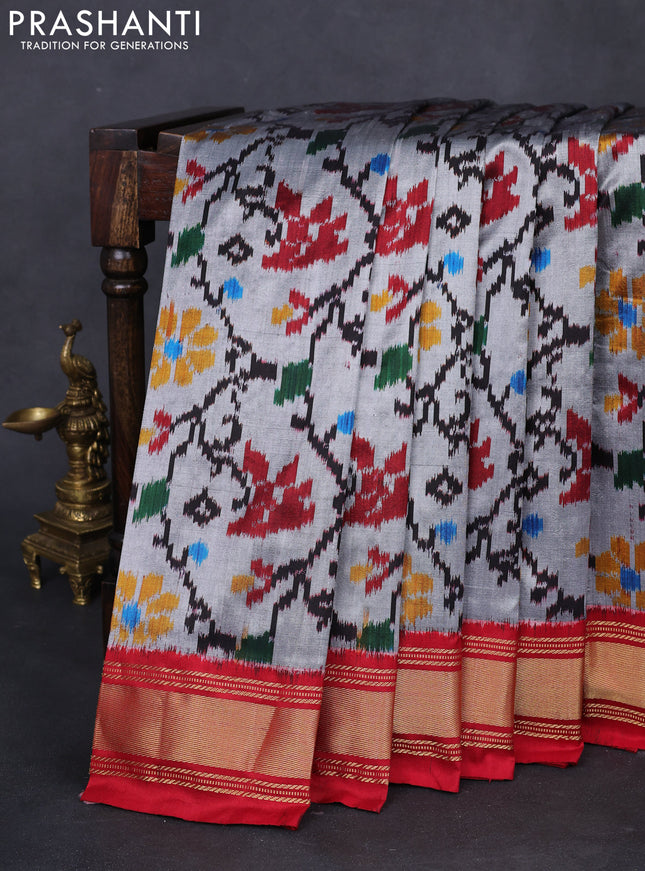 Pochampally silk saree grey and red with allover ikat weaves and zari woven border