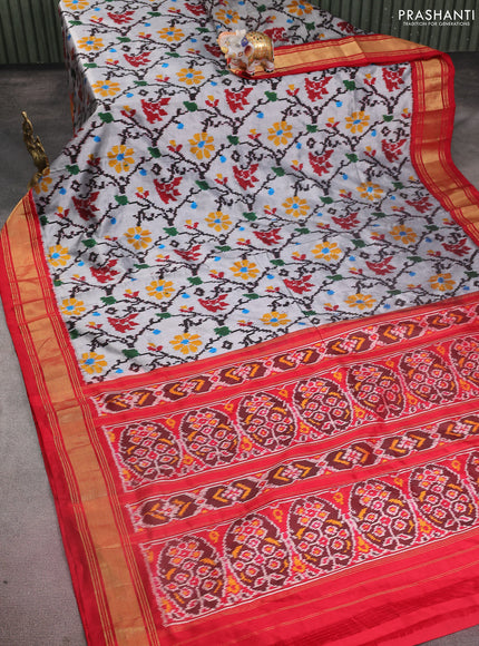 Pochampally silk saree grey and red with allover ikat weaves and zari woven border