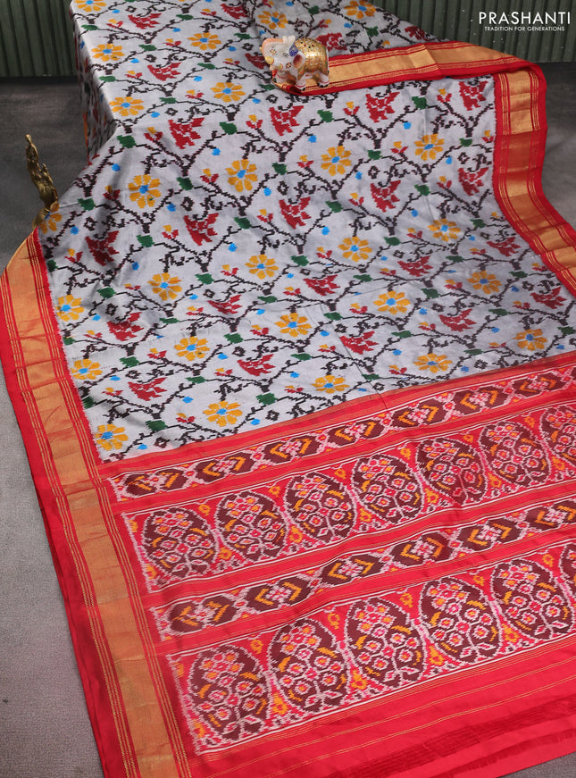 Pochampally silk saree grey and red with allover ikat weaves and zari woven border