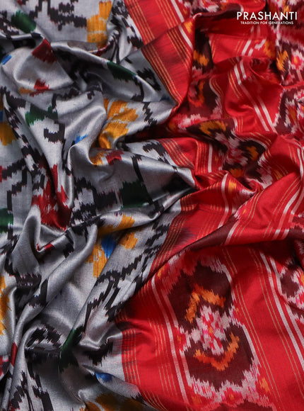 Pochampally silk saree grey and red with allover ikat weaves and zari woven border