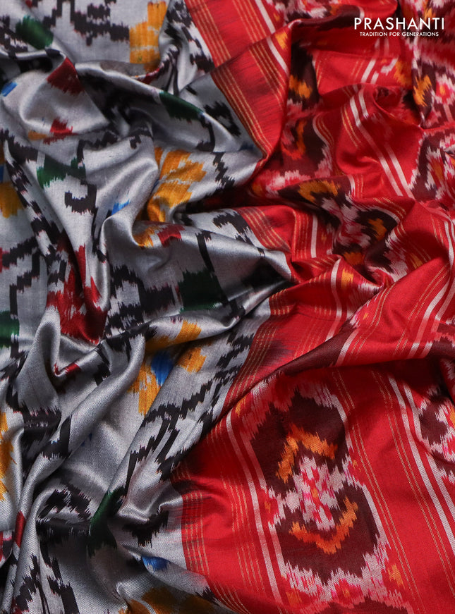 Pochampally silk saree grey and red with allover ikat weaves and zari woven border