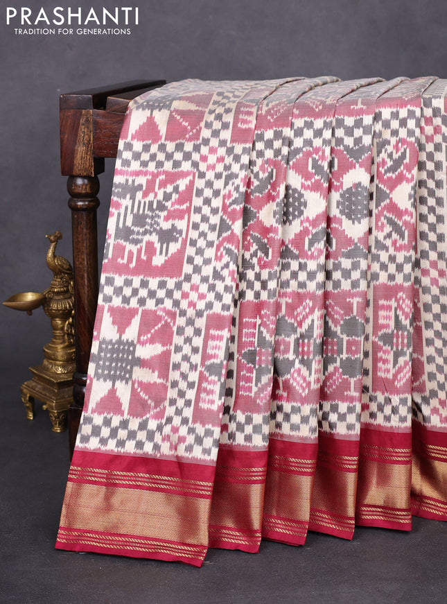 Pochampally silk saree cream black and dark magenta pink with allover ikat weaves and zari woven border