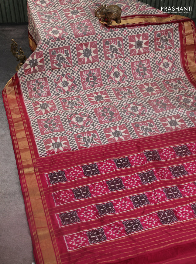 Pochampally silk saree cream black and dark magenta pink with allover ikat weaves and zari woven border