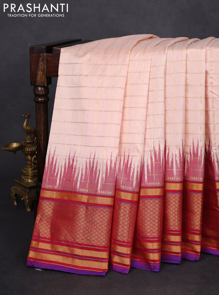 Pochampally silk saree mild peach orange and maroon with allover zari checked pattern and temple design zari woven border