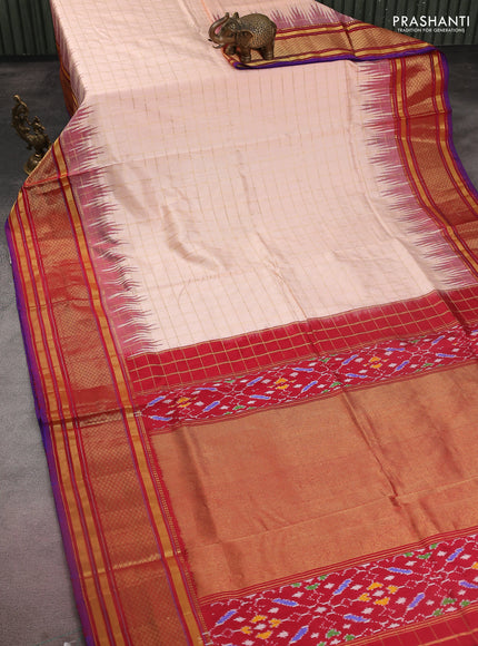 Pochampally silk saree mild peach orange and maroon with allover zari checked pattern and temple design zari woven border