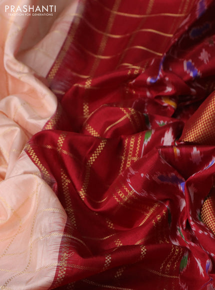 Pochampally silk saree mild peach orange and maroon with allover zari checked pattern and temple design zari woven border
