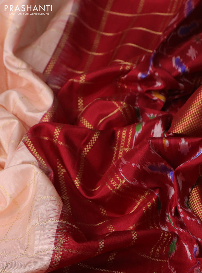 Pochampally silk saree mild peach orange and maroon with allover zari checked pattern and temple design zari woven border