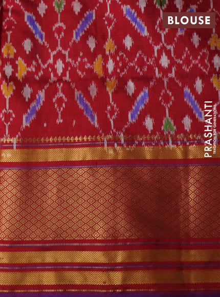 Pochampally silk saree mild peach orange and maroon with allover zari checked pattern and temple design zari woven border