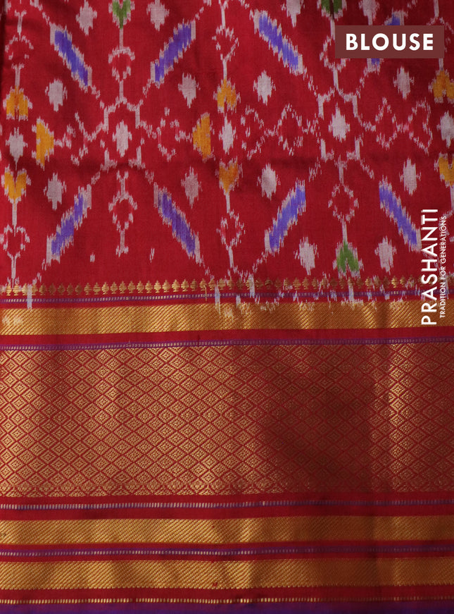 Pochampally silk saree mild peach orange and maroon with allover zari checked pattern and temple design zari woven border