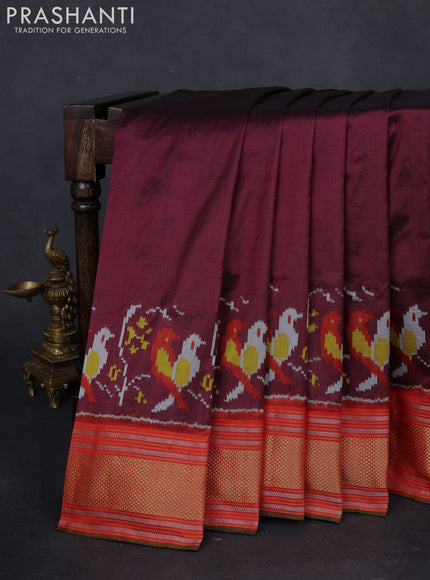 Pochampally silk saree deep maroon and orange with plain body and ikat woven pallu