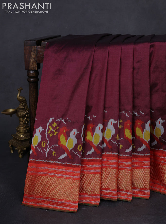 Pochampally silk saree deep maroon and orange with plain body and ikat woven pallu