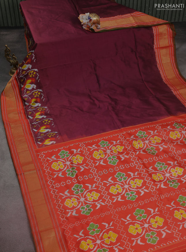 Pochampally silk saree deep maroon and orange with plain body and ikat woven pallu