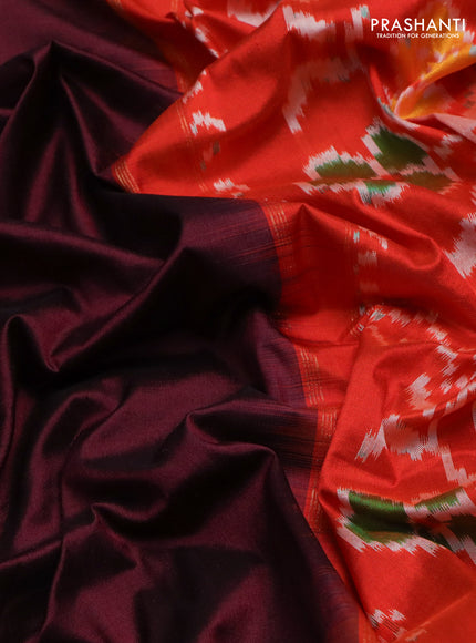 Pochampally silk saree deep maroon and orange with plain body and ikat woven pallu