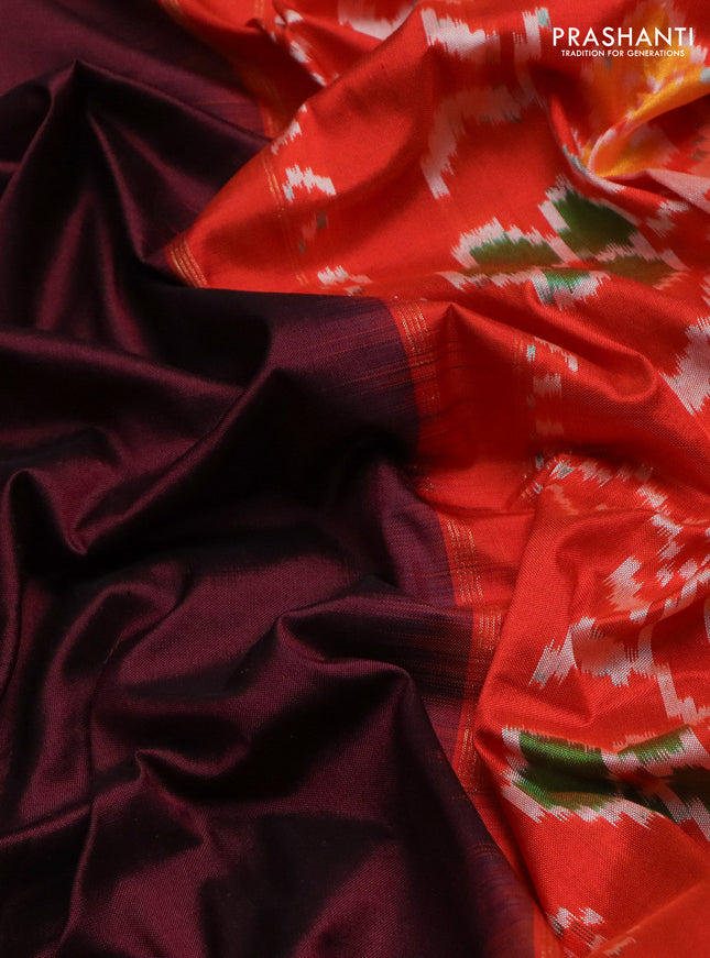 Pochampally silk saree deep maroon and orange with plain body and ikat woven pallu