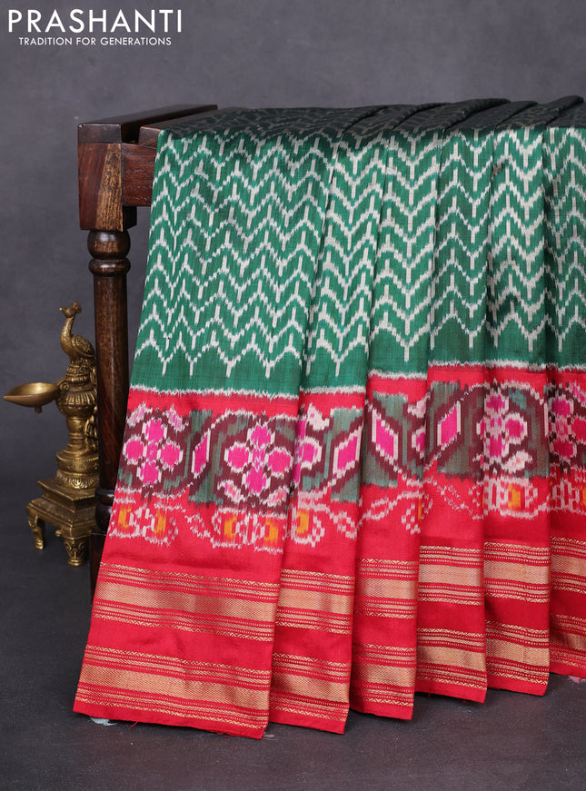 Pochampally silk saree green and red with allover ikat weaves and rettapet zari woven border