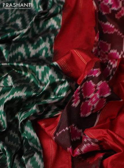 Pochampally silk saree green and red with allover ikat weaves and rettapet zari woven border