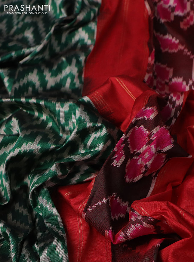 Pochampally silk saree green and red with allover ikat weaves and rettapet zari woven border