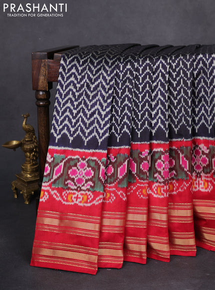 Pochampally silk saree navy blue and red with allover ikat weaves and long ikat woven rettapet zari border