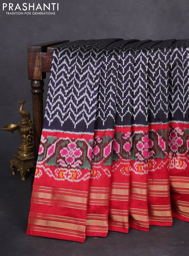 Pochampally silk saree navy blue and red with allover ikat weaves and long ikat woven rettapet zari border