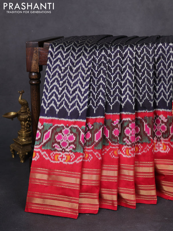 Pochampally silk saree navy blue and red with allover ikat weaves and long ikat woven rettapet zari border