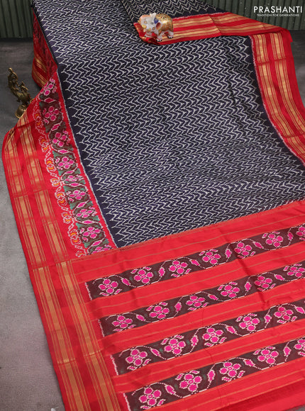 Pochampally silk saree navy blue and red with allover ikat weaves and long ikat woven rettapet zari border