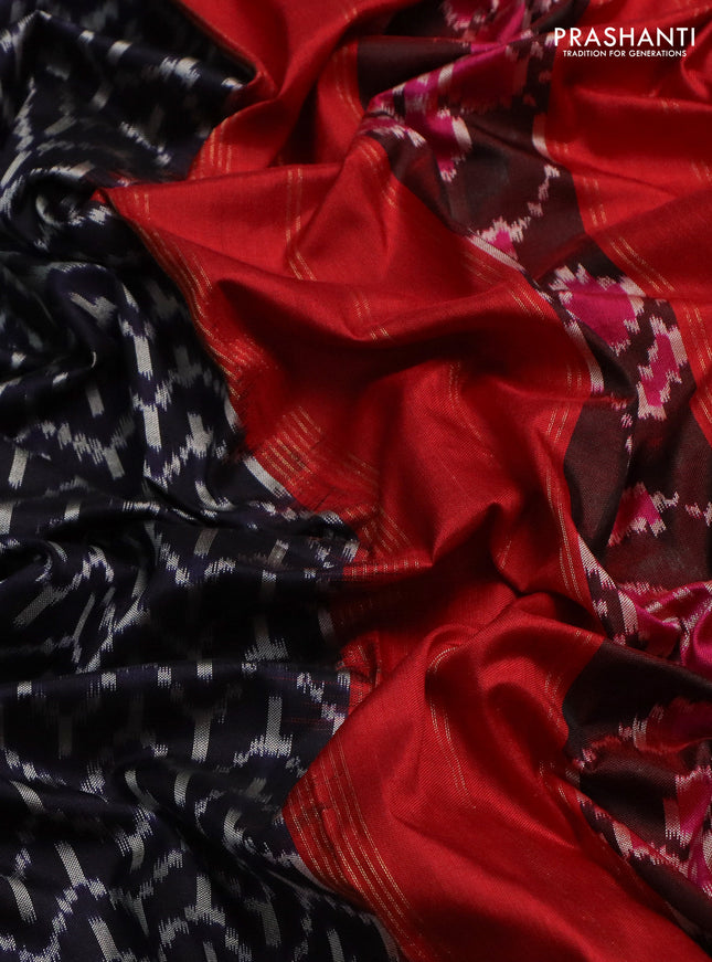 Pochampally silk saree navy blue and red with allover ikat weaves and long ikat woven rettapet zari border