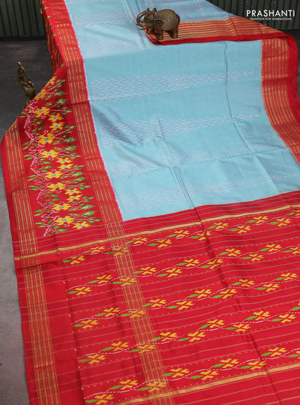 Pochampally silk saree dual shade of teal blue and red with allover ikat weaves and long ikat woven zari border