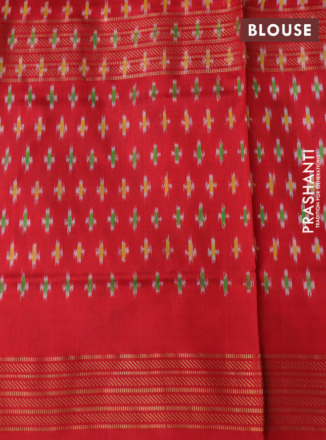 Pochampally silk saree dual shade of teal blue and red with allover ikat weaves and long ikat woven zari border