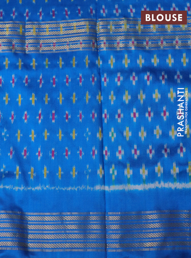 Pochampally silk saree grey and cs blue with allover ikat weaves and long ikat woven zari border