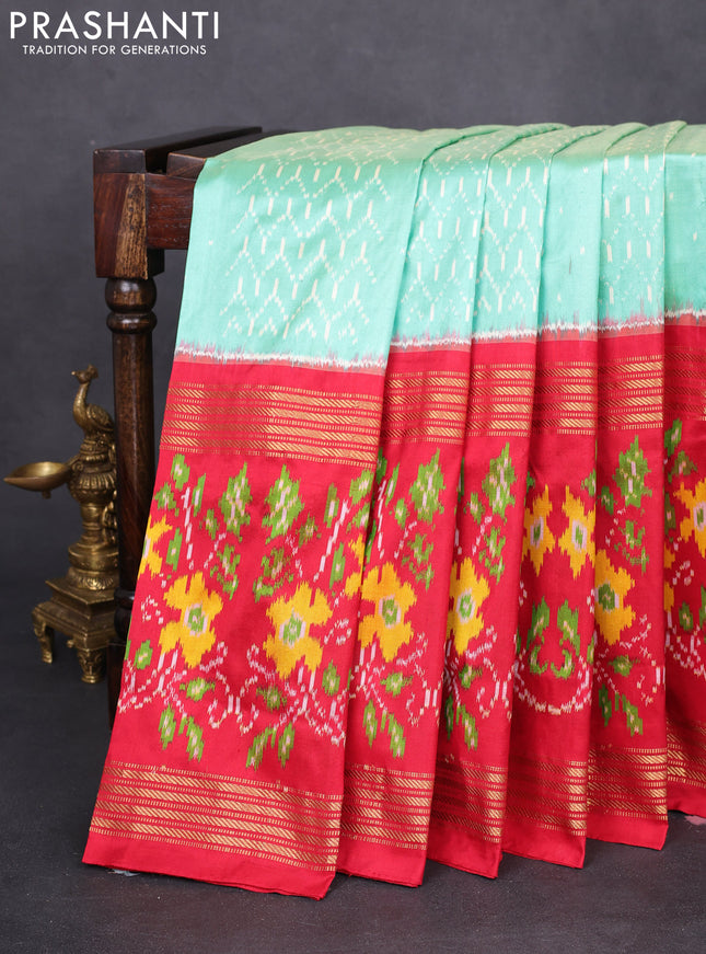 Pochampally silk saree teal green and red with allover ikat weaves and long ikat woven zari border