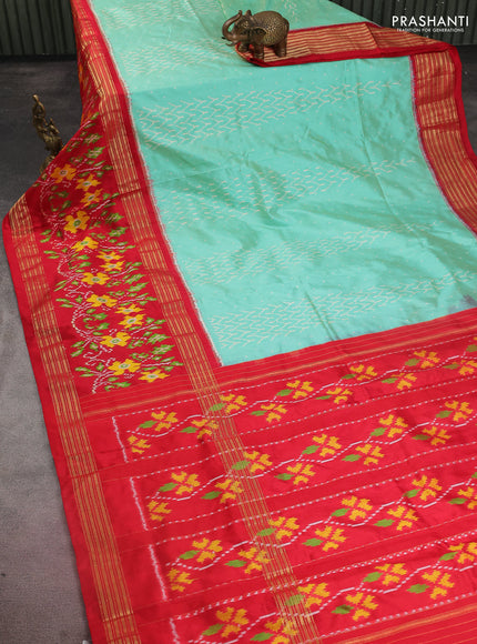 Pochampally silk saree teal green and red with allover ikat weaves and long ikat woven zari border