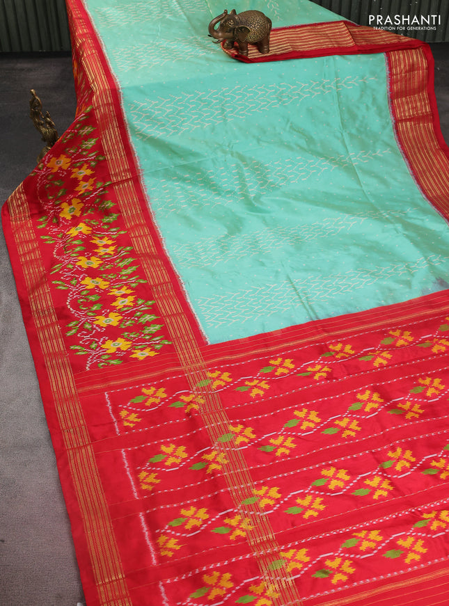 Pochampally silk saree teal green and red with allover ikat weaves and long ikat woven zari border